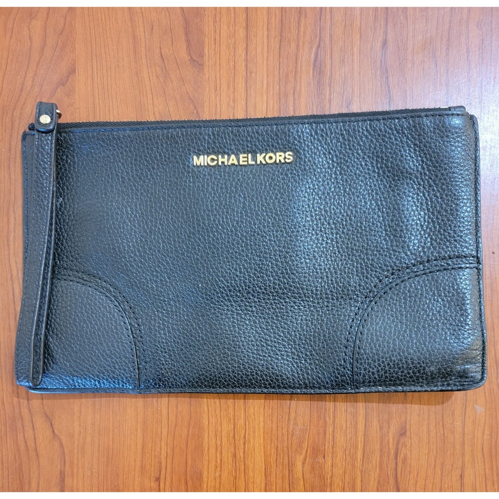 Michael Kors Black Pebbled Leather Wristlet Clutch Gold Hardware Logo Bag